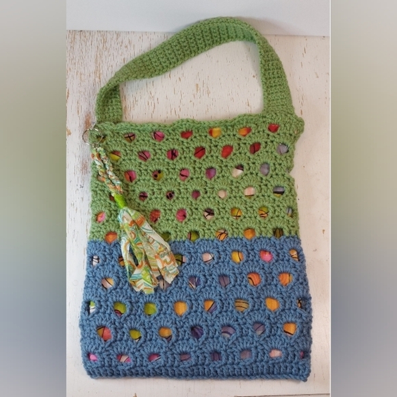 Hand Crafted Handbags - Green Blue Hand Crafted Granny Shabby Chic Purse Lined Crochet Handbag Boho